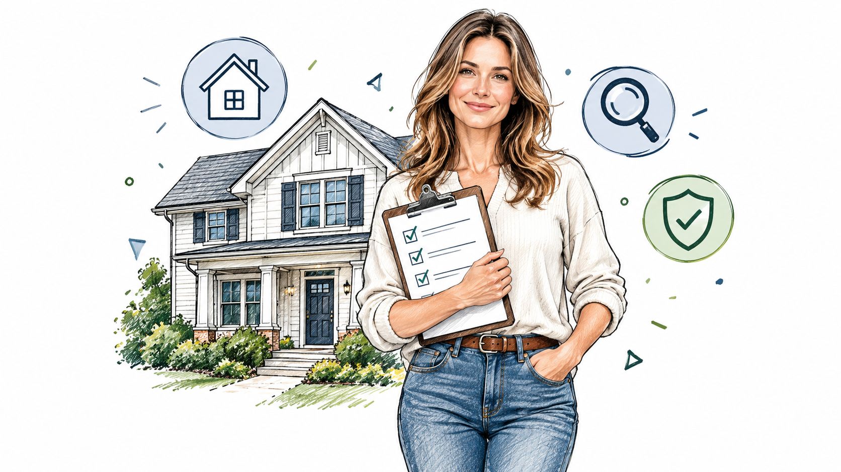A professional real estate expert holding a checklist in front of a illustrated suburban residential house.