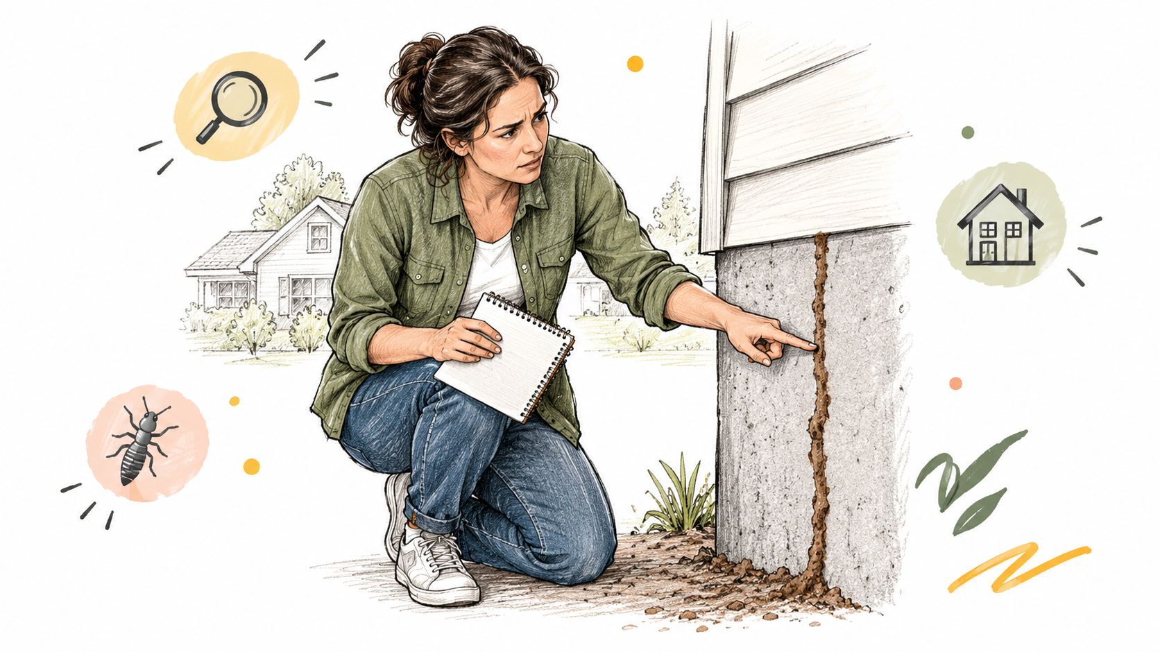 A professional inspector examines a mud tube on a house foundation indicating termite activity.