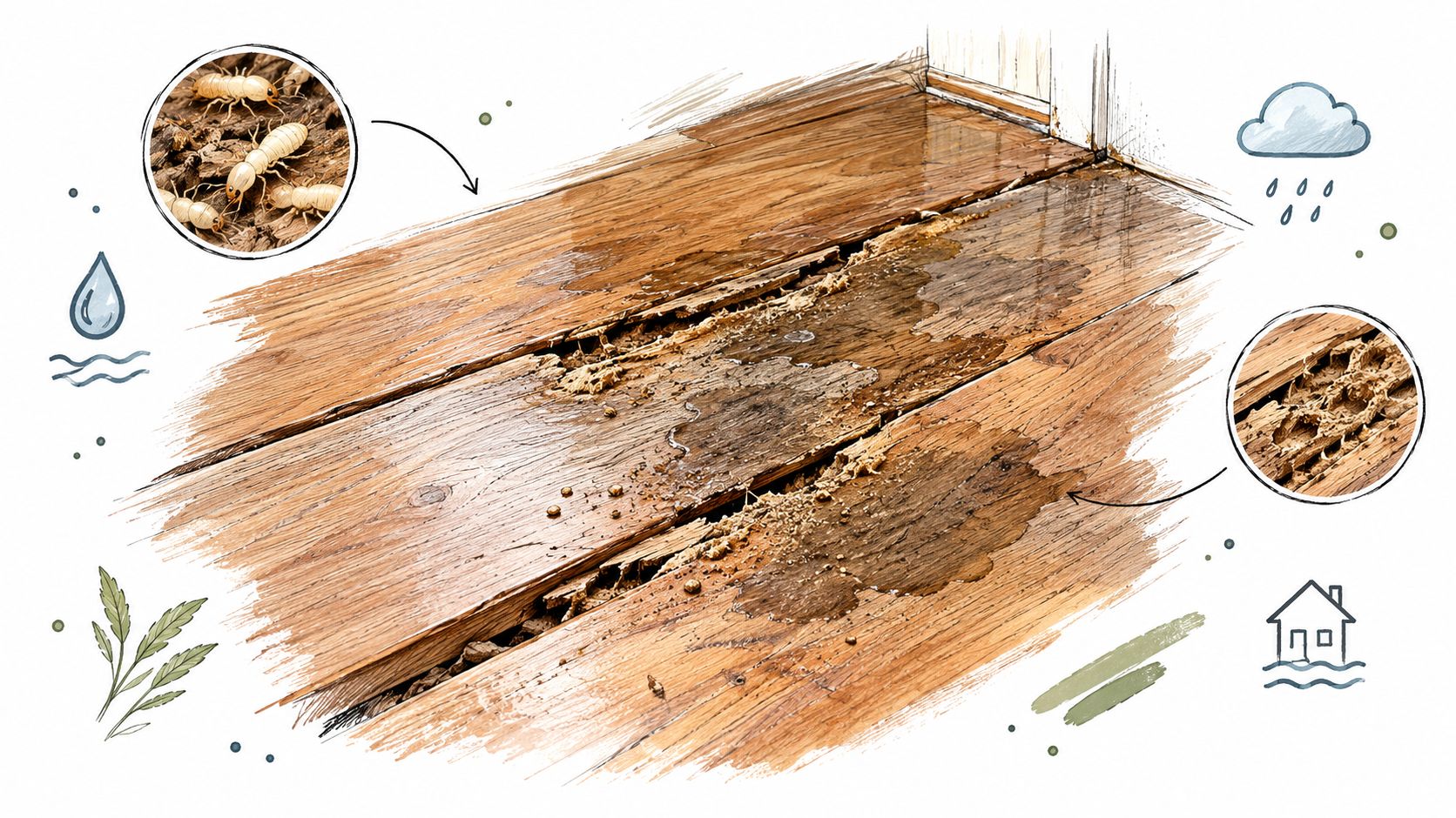A conceptual illustration showing water damaged floorboards with termite infestation and decay inside the wood.
