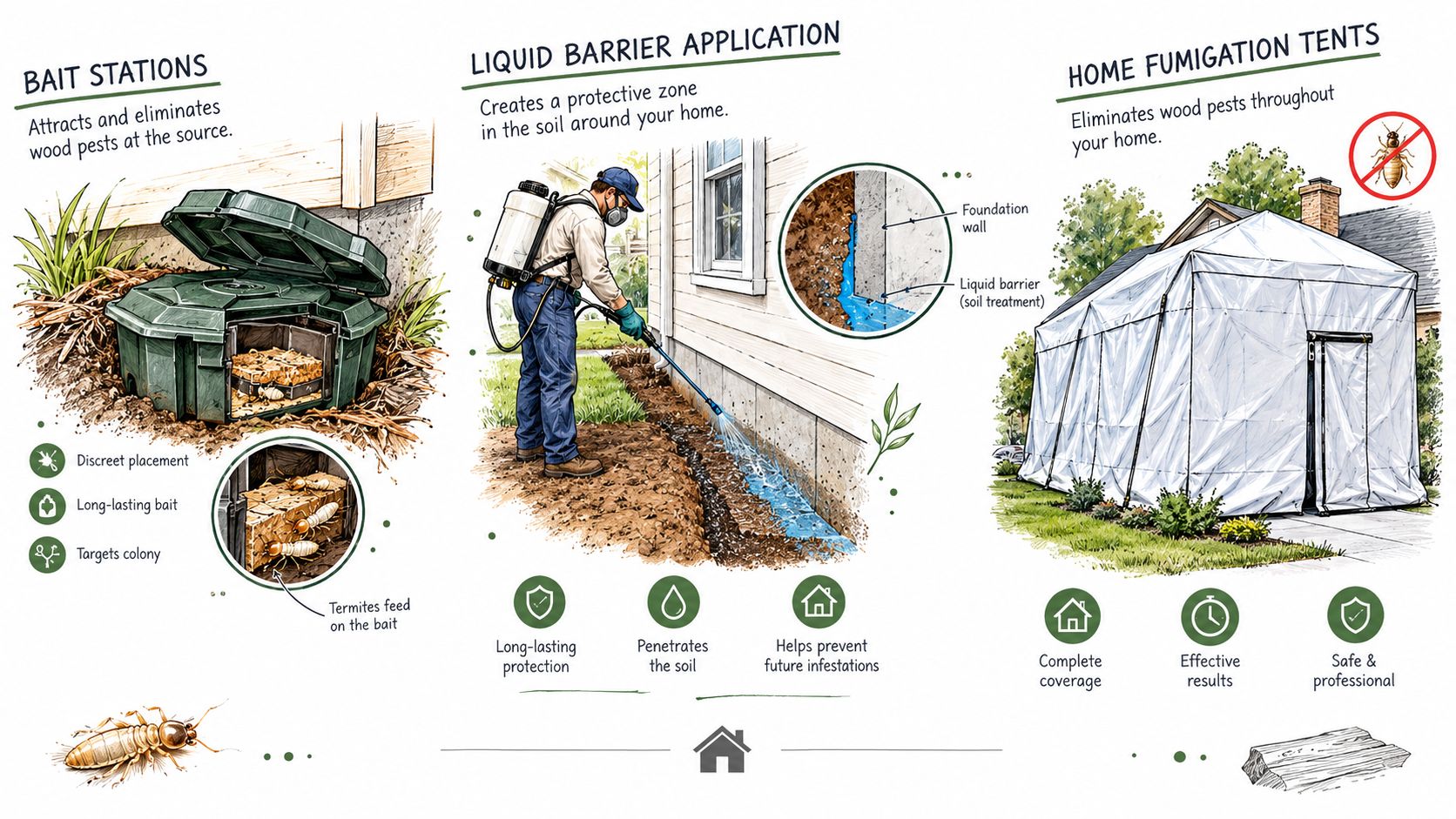 An infographic illustrating three common termite control methods: bait stations, liquid barrier application, and home fumigation tents.